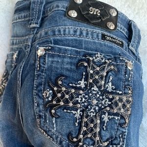 Miss Me  Mid Rise Bootcut Medium Dark Blue with Rhinestones and Tulip Cross